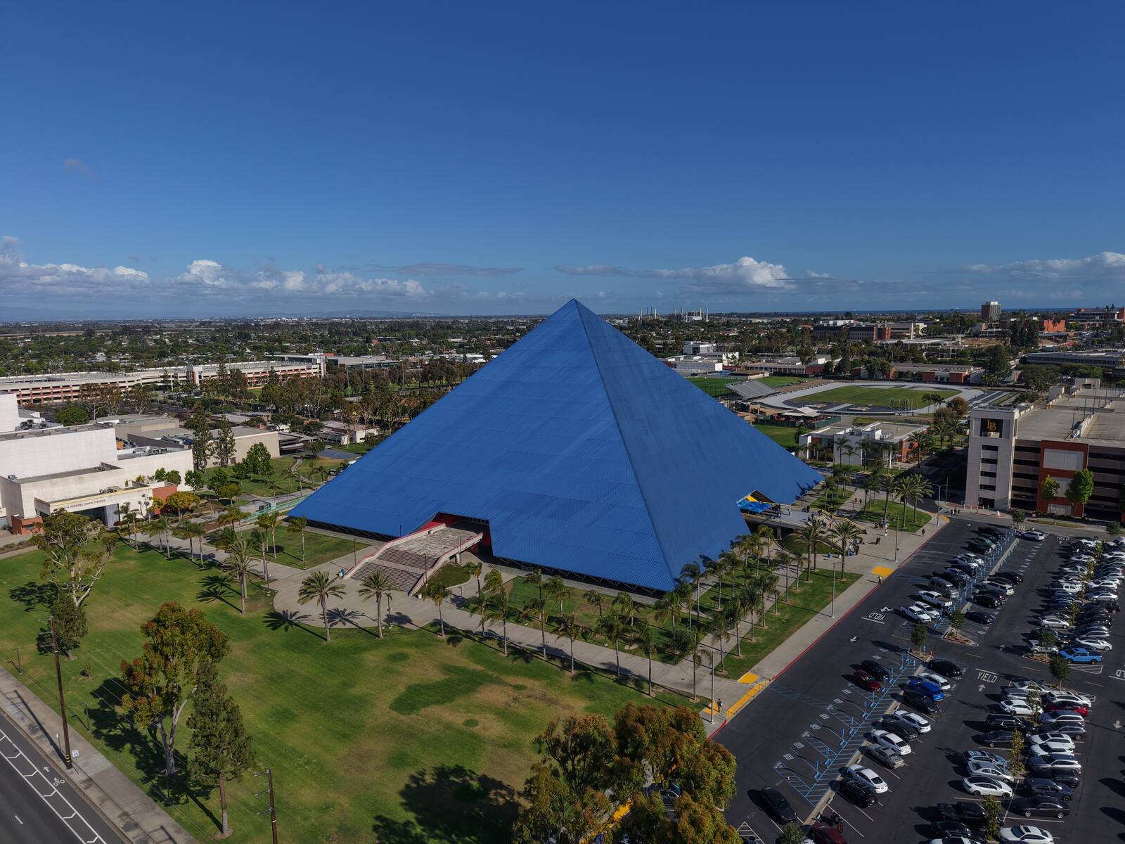 CSULB Pyramid — aerial view of the distinctive blue pyramid arena on the Cal State Long Beach campus