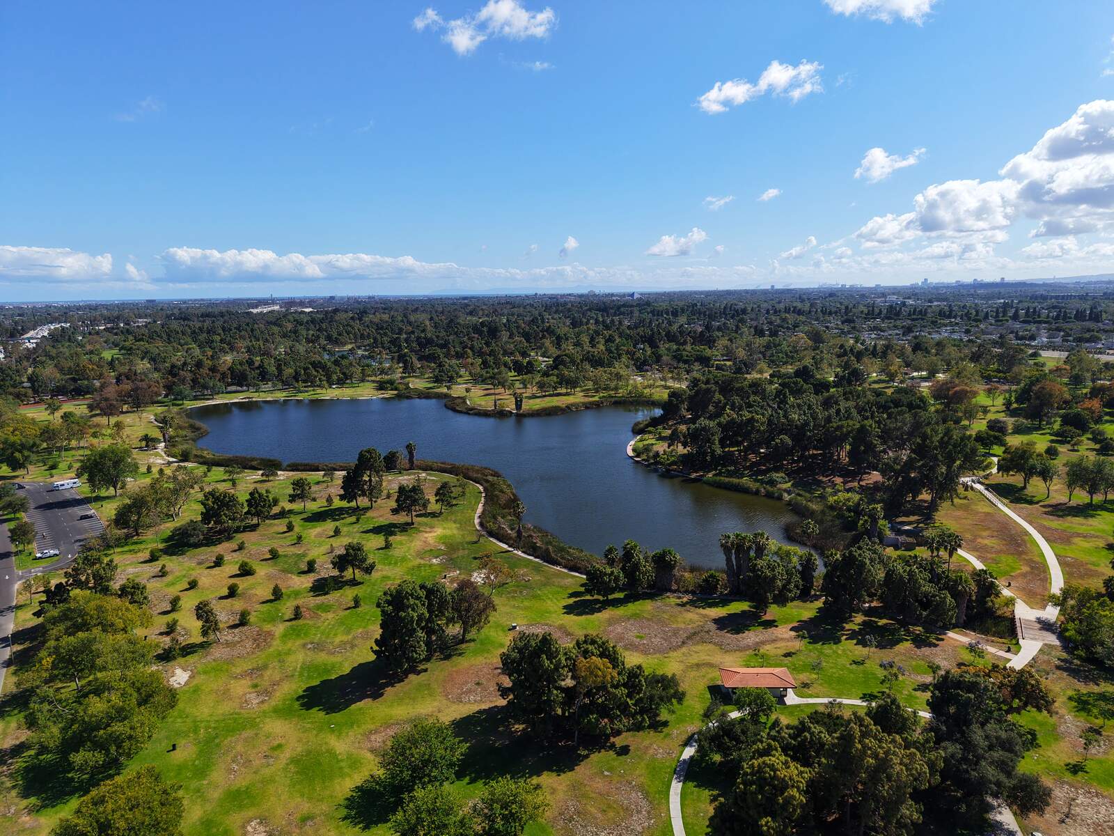 El Dorado Park lake — aerial view of the lake and surrounding parkland at El Dorado East Regional Park in Long Beach