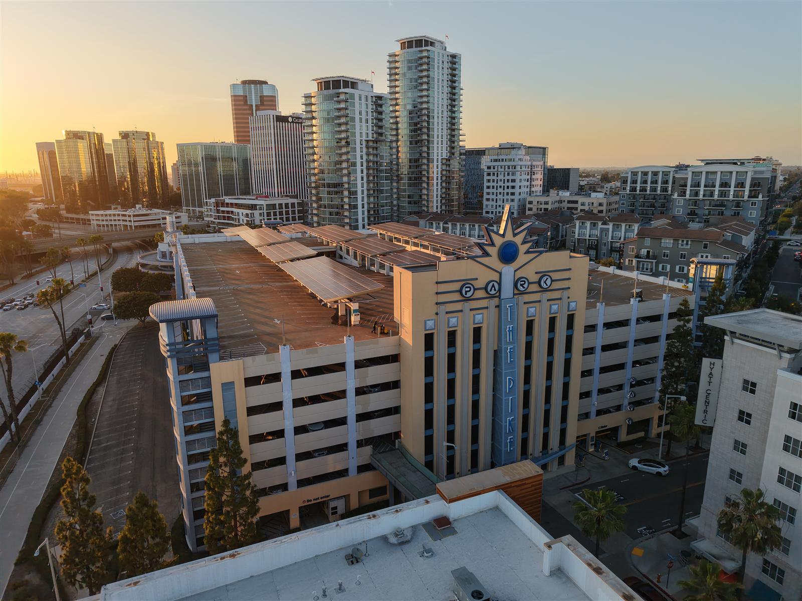 The Pike, Downtown — aerial view of the Pike Outlets parking structure in downtown Long Beach at dusk