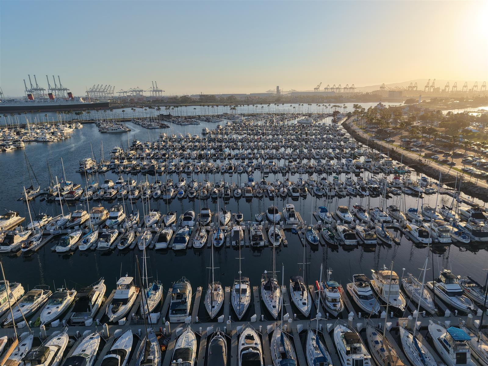 Shoreline Marina — aerial view looking across the harbor toward the Queen Mary