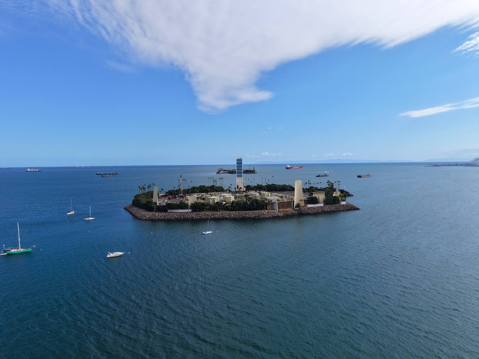 THUMS oil island — aerial view of one of Long Beach's offshore oil production islands surrounded by open harbor water