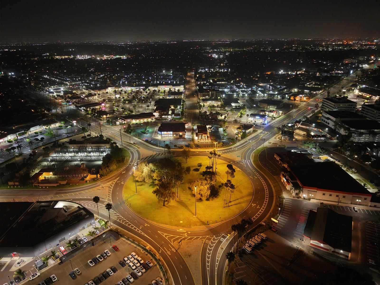 Long Beach Traffic Circle — aerial of the PCH and Lakewood Boulevard intersection after midnight